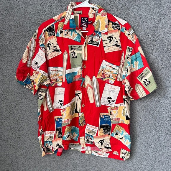 Quiksilver Shirt Mens Medium Red Postcard Surfer Aloha Camp Hawaiian USA‎ Made - Picture 1 of 10